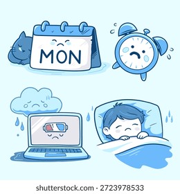 Conjunto de ilustração vetorial minimalista bonito representando o humor "Blue Monday" e o blues de segunda-feira. A obra de arte apresenta personagens e objetos tristes e cansados, incluindo um calendário marcado para segunda-feira, um despertador que chora, um gato sonolento, um notebook com pouca bateria sob uma nuvem chuvosa e uma criança descansando na cama