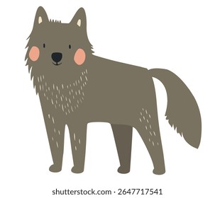 Cute minimalist vector illustration of a smiling wolf with rosy cheeks, rendered in muted brown tones. Ideal for children’s book art, nursery decor, branding, or playful wildlife designs.