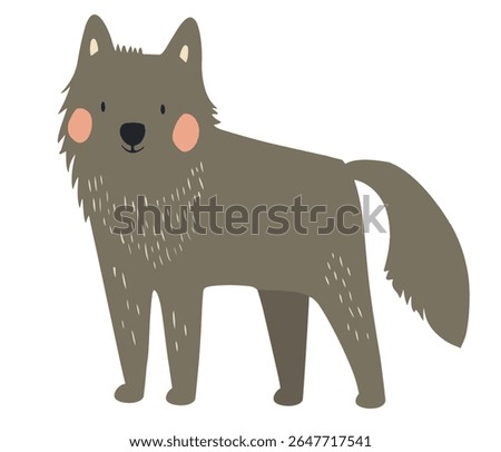 Cute minimalist vector illustration of a smiling wolf with rosy cheeks, rendered in muted brown tones. Ideal for children’s book art, nursery decor, branding, or playful wildlife designs.