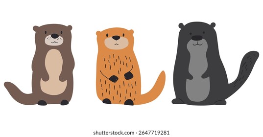 Cute minimalist vector illustration of three playful otters in warm brown and beige tones with simple shapes and friendly expressions. Ideal for children’s décor, wildlife branding.