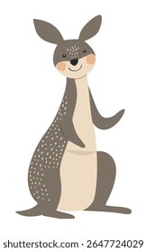 Vetor minimalista bonito de um canguru cinza-marrom sorridente com orelhas longas e cauda em um estilo de design plano. Perfeito para a decoração infantil, impressões infantis, temas de vida selvagem australianos, cartões de felicitações.