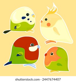 Cute minimalist vector stickers in the form of rounded pet parrots such as rosella, corolla, budgie and inseparable on a light yellow background.