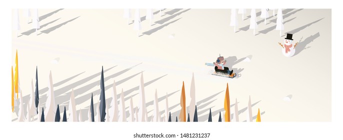 Cute minimalist vector of winter season.Panoramic snowey winter landscape with happy kid riding on sleigh.Pine tree and snowman shadow laid on white snow with yellow foliage and deciduous forest. 