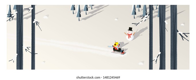 Cute Minimalist Vector Of Winter Season.Panoramic Snowey Winter Landscape With Happy Kid Riding On Sleigh.Pine Tree And Snowman Shadow Laid On White Snow With Yellow Foliage And Deciduous Forest. 