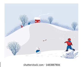 Cute minimalist vector of winter season.Scene of snowey winter landscape with happy kid playing wood stick with dog.Pine tree and white snow with fir hills and deciduous trees.White,blue and red color