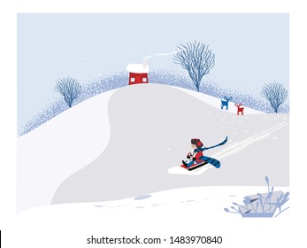 Cute minimalist vector of winter season.Scene of snowey winter landscape with happy kid riding on sleigh with cute dog.Pine tree and snowman shadow laid on white snow and deciduous forest. 