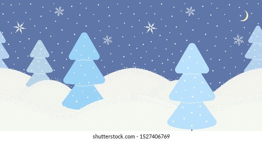 Cute minimalist winter border on blue background with snowflakes and Christmas trees or spruces. Texture for decoration greeting cards for Christmas or New Year, websites,showcases. Vector
