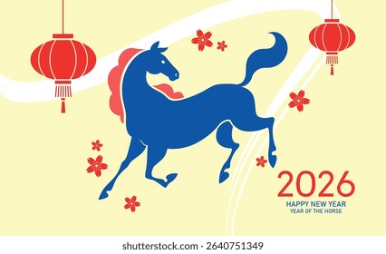 Cute minimalist year of the horse card with hanging lanterns. Lunar new year 2026 vector illustration.