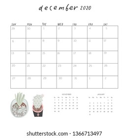 Cute minimalistic calendar with place for text. Schedule for month. Planing and goals table. Cactus and succulents in doodle style. Vector illustration