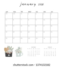 Cute minimalistic calendar with place for text. Schedule for month. Planing and goals table. Cactus and succulents in doodle style. Vector illustration