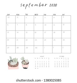 Cute minimalistic calendar with place for text. Schedule for month. Planing and goals table. Cactus and succulents in doodle style. Vector illustration