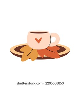 Cute minimalistic composition with a cup of warm drinks and fall leaves. Cosy and warm hygge aesthetics. Flat hand-drawn vector style