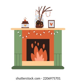 Cute minimalistic composition with a fireplace, lights, burning candles and decorative branches in a vase. Cosy and warm hygge aesthetics. Flat hand-drawn vector style