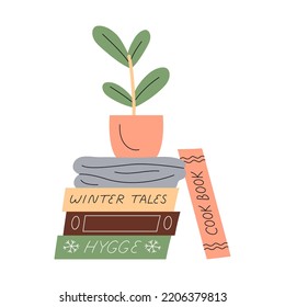 Cute minimalistic composition with a houseplant, books and knitted wool blanket. Cosy and warm hygge aesthetics. Flat hand-drawn vector style