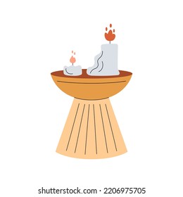 Cute minimalistic composition with a table and burning candles. Cosy and warm hygge aesthetics. Flat hand-drawn vector style