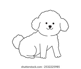 Cute minimalistic dog. Fluffy white doggy sitting. Cute domestic animal and pet. Puppy of luxury breed. Social media sticker. Linear vector illustration isolated on white background