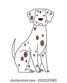 Cute minimalistic dog. White dalmatian sitting. Cute domestic animal and pet. Puppy of luxury breed. Adorable spotted doggy. Linear vector illustration isolated on white background