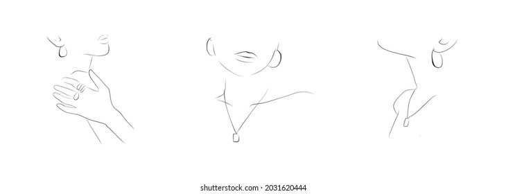 Cute minimalistic drawings of woman with jewelry - necklace on the neck, earrings in the ears. Graphic drawing in a linear style. Beauty and fashion. 