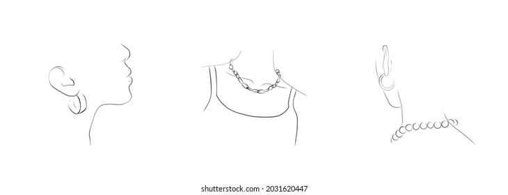 Dibujos minimalistas de mujer con joyería - collar en el cuello, pendientes en las orejas. Dibujo gráfico en un estilo lineal. Belleza y moda. 