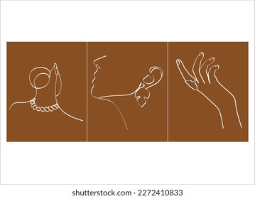 Cute minimalistic drawings of a woman with jewelry - a necklace around her neck, earrings in her ears, a ring on her hand. Graphic drawing in a linear style. Beauty and fashion.