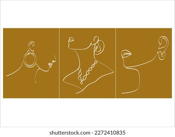 Cute minimalistic drawings of a woman with jewelry - a necklace around her neck, earrings in her ears, a ring on her hand. Graphic drawing in a linear style. Beauty and fashion.