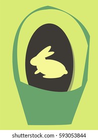 Cute minimalistic easter bunny in basket shape flat illustration, spring holiday concept with space for text, easter egg in basket concept