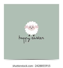 Cute and minimalistic Easter greeting card, cover, poster, label, flyer, banner with white sheep lamb on the green background
