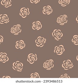 Cute minimalistic floral pattern. Delicate beige roses on a brown background. Seamless vector pattern. Floral background for printing on fabric, cards, covers, textiles, wrapping paper.