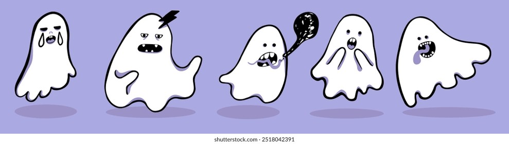 cute minimalistic ghost set for halloween in vector. objects for stickers avatar decoration postcard poster print logo icon mascot