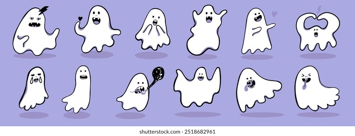 cute minimalistic ghost set for halloween in vector. objects for stickers avatar decoration postcard poster print logo icon mascot
