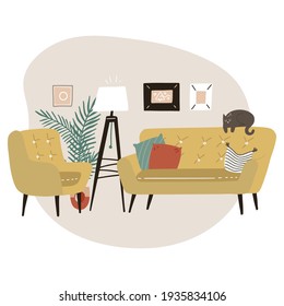 Cute minimalistic interior with mid century modern furniture and plants - yellow sofa, armchair , tripod floor lamp and palm. Trendy scandinavian hygge interior. Flat vector illustration