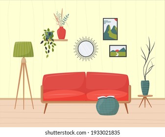Cute minimalistic interior. Red sofa, floor lamp and ottoman. Home plants, mirror, pictures and other decorative elements. Cozy living room flat vector illustration. Trendy scandinavian hygge interior