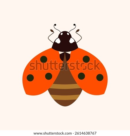 Cute minimalistic ladybug with open red wings in black polka dots. Vector square illustration for notebook cover design, greeting card with good luck symbol.