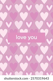 Cute minimalistic love card with elements showing love. Hearts, pink and white colors