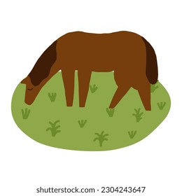 Cute minimalistic out-grazing horse on the meadow vector illustration. Farm animal walking free. Hand-drawn brown horse with its head down.