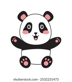 Cute minimalistic panda. Adorable asian animal. Cheerful mammal want hug. Fluffy toy and mascot. Sticker for social networks. Linear vector illustration isolated on white background