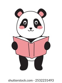 Cute minimalistic panda. Adorable asian animal with book in hands. Clever mammal. Fluffy toy and mascot. Love of reading and literature. Linear vector illustration isolated on white background