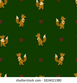 Cute  minimalistic  pattern with foxes and  abstract flowers  on the green  background. In Scandinavian style. For textiles, wallpapers, designer paper, etc