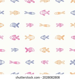 Cute minimalistic pattern with hand drawn line art fishes in colorful colors. Vector seamless pattern design. Perfect for ocean and marine themed projects. 