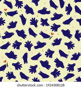 Cute minimalistic pattern with shapes of birds in  scandinavian style on the blue background. Childish  vector cartoon  design for textiles, wallpapers, designer paper, etc
