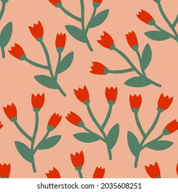 Cute minimalistic pattern with simple red flowers on pink background. Colorful naive print for textile, dresses, wallpaper and ect.