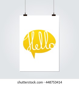 Cute minimalistic poster with word hello in golden speech bubble.