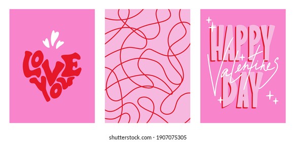 Cute minimalistic posters for Valentine's Day. Valentine's Day cards. Pink and red colors. Posters with lettering. Vector illustration, background, invitation, banner, postcards