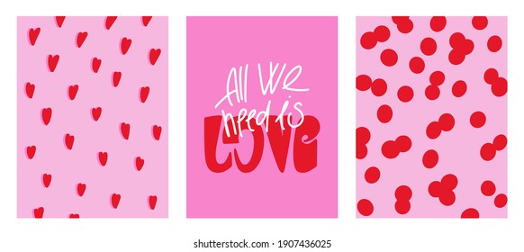 Cute minimalistic posters for Valentine's Day. Valentine's Day cards. Pink and red colors. Posters with lettering. Vector illustration, background, invitation, banner, postcards