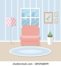 Cute minimalistic room with flower. Vector. Lamp, carpet, paintings.