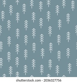 Patrón minimalista sin fisuras con pequeños árboles geométricos lineales de Navidad sobre un fondo azul. Ilustración vectorial moderna