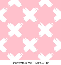 Cute minimalistic seamless pattern with white crosses on pink background. Rough brush painted vector backdrop. Ink grunge texture. 