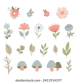 Cute minimalistic set of simple flowers Cartoon childish floral elements isolated on white Hand drawn nursery plants leaves twigs grass Simple vector illustration