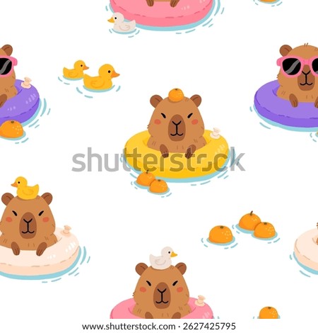 Cute minimalistic vector cartoon background with relaxed capybara swimming on an inflatable ring with rubber ducks. Fun summer seamless pattern