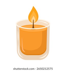 Cute minimalistic vector illustration of a lit scented candle in a glass jar.  Yellow and orange colors ideal for home decor, relaxation, autumn holiday themes.